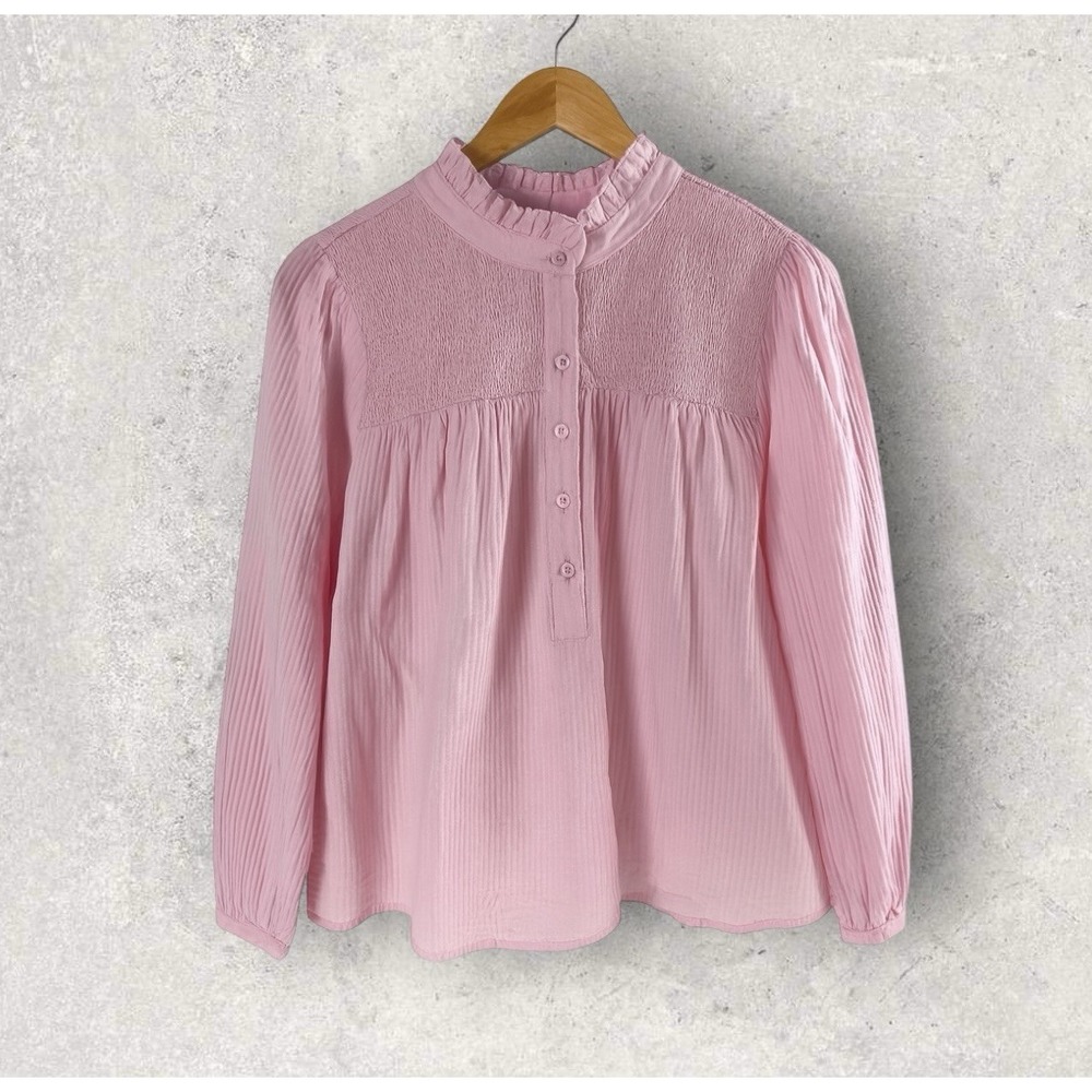 J. Crew Blouse 1/2 Button‎ Popover Pink Ruffle Smocked Crinkle Gauze Size Medium
